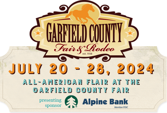 Garfield County Fair & Rodeo, est 1938. This year's fair is July 20-28, 2024, and the theme is All-American Flair at the Garfield County Fair, presenting sponsor Alpine Bank, member, FDIC.