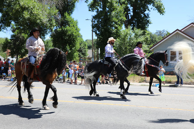 men riding horses in street